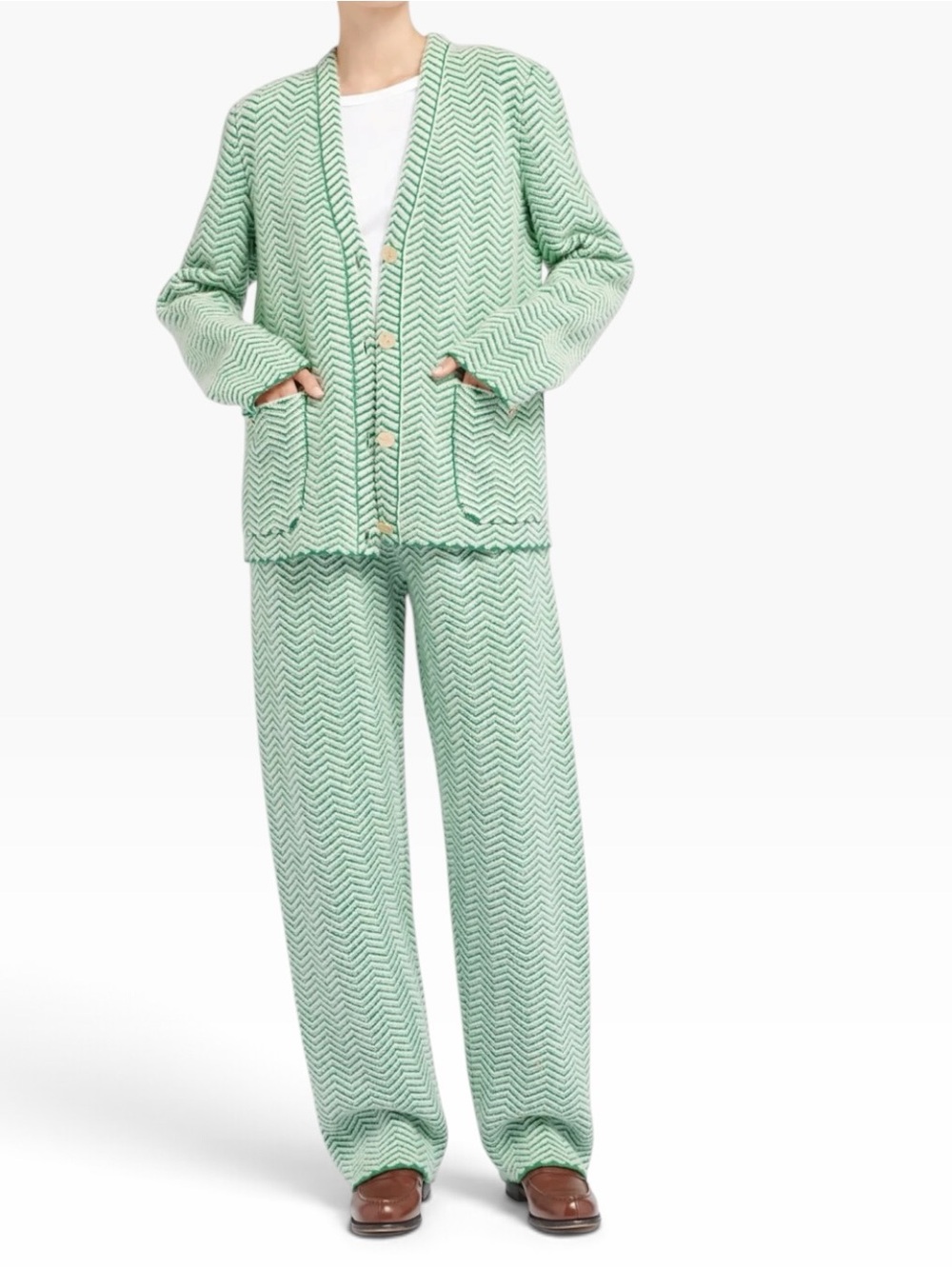 Barrie Green & White Chevron Cashmere Virgin Wool Silk Cardigan Jacket XS